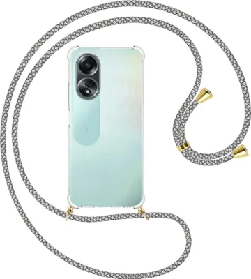 Produktbild von Handykette Backcover-Schutzhülle mit Band (Metall goldfarben) für Oppo A58 4G (CPH2577) - weiß/grau kariert