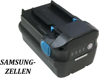 A black and blue power tool battery pack is shown against a white background.