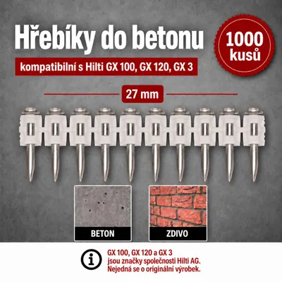 Zdjęcie produktu dla Gwoździe do betonu 27 mm 1000 sztuk odpowiednie do gwoździarek gazowych Hilti GX 100, GX 120, GX 3