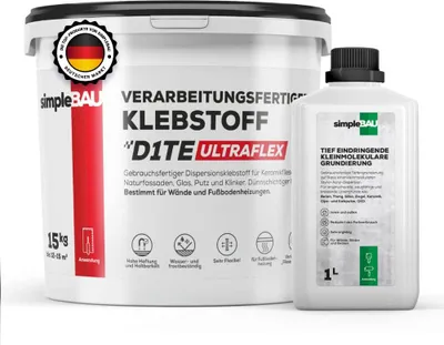Produktbild von SimpleBau Fertigfliesenkleber Universal Kleber für Gipskartonplatten, 15kg + 1l Grundierung