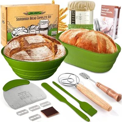 Immagine prodotto di Kit per lievito madre, completo di cestello per lievitazione, contenitore in silicone per lievitazione, spatola, tagliapasta e spatola per impasto, colore verde, capacità 34 oz