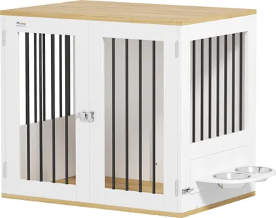Image de Pawhut Cage pour chiens, table d'appoint, meuble cage chien intérieur, maisonnette pour animaux avec gamelles amovibles et rotatives à 360°, 2 portes, pour taille moyenne, blanc
