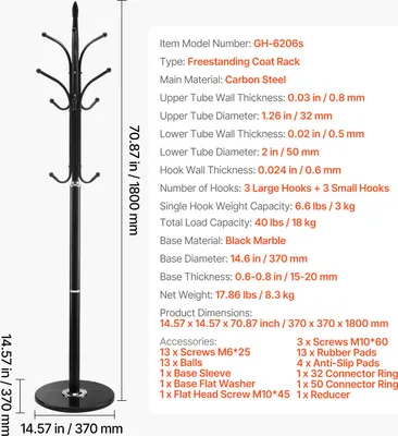 A black coat rack with a black marble base is shown against a white background, with detailed specifications and accessories listed next to it.