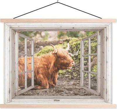 Produktbild von MuchoWow® Textilposter Schottisches Hochlandrind - Durchblick - Tier - Natur 60x45 cm mit holzfarbenen Rahmen - Bild