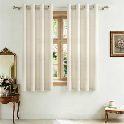 Image de Rideau en lin naturel, court, semi-transparent, avec œillets, de couleur beige. Rideaux et draperies pour l'intérieur, adaptés pour la cuisine et le salon