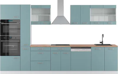 Obrázok produktu pre Kuchynský kút Vicco R-Line Modrošedá/biela 350 cm s vysokou skriňou, dub AP, Model 42726
