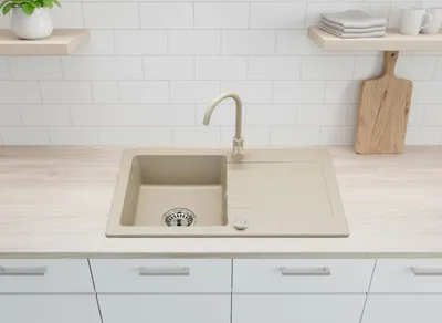 Produktbild von [Granitspüle 76x44+ Armatur] Hochwertig beidseitig Montierbar Küchenspüle Eckig Einbaugranitspüle Granit Spülbecken f. Unterschränke ab 45 cm in verschiedenen Farben inkl.Siphon Set , K-Farbe:Beige
