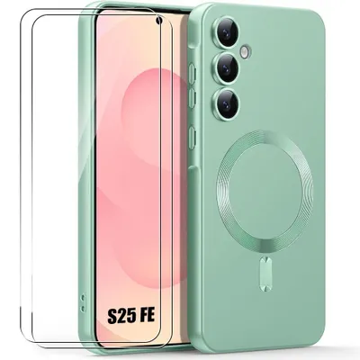 Image de Coque + 2 Verres Trempés pour Samsung Galaxy S25 FE, Silicone Anti-Rayures avec Anneau Mangétique Vert