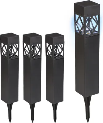 Image de Lot de 4 lampes solaires Relaxdays, lumière blanche froide, étanches, capteur crépusculaire, lampe solaire à LED, H x l x P : 41 x 6 x 6 cm, noir