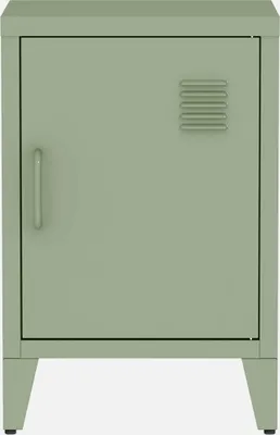A single, light green, industrial-style nightstand with one door and a vent on the door.