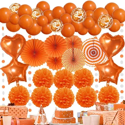 Produktbild von Partydeko Set Orange Papierfächer Pompons Luftballons Girlande für Geburtstage & Feiern