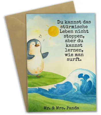 Produktbild von Mr. & Mrs. Panda Glückwunschkarte Pinguin Surfer Design - Weiß - Geschenk, Motiviert, Klappkarte, vatertagskarte, einladungskarten, Grußkarte, weihnachtskarten, Hawaii