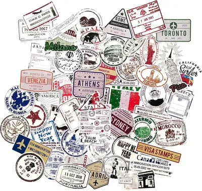 Produktbild von Vintage Sticker Set 60 Stück, Retro Länderstempel, für Scrapbooking, Bullet Journal, bunte Vinyl Sticker