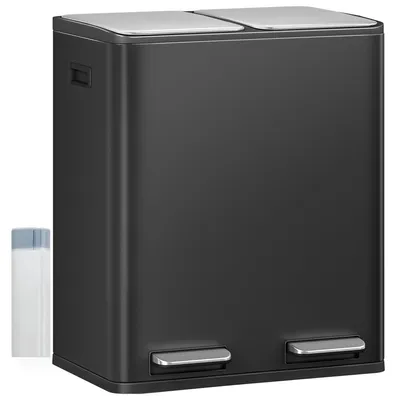 Obrázok produktu pre Kôš na kuchynský odpad - Odpadkový kôš - Kôš s pedálom - Kontajner na odpad - Čierna farba - 2 priehradky, objem 60 litrov
