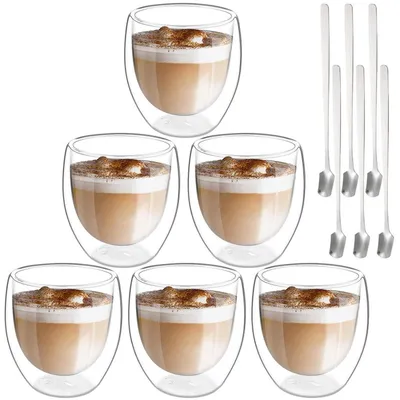 Produktbild von Doppelwandige Gläser Set 6x 250ml mit Löffeln, Latte Macchiato Cappuccino Kaffeegläser Thermogläser