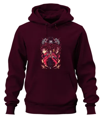 Zdjęcie produktu dla Bluza z kapturem Samurai Katana – Łowca demonów, Ognista maska, styl anime i manga, mroczny motyw, uni , kolor bordowy, rozmiar S