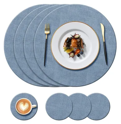 Immagine prodotto di Sottopiatti e sottobicchieri blu, set da 4, dimensioni 34 cm e 10 cm, effetto pelle