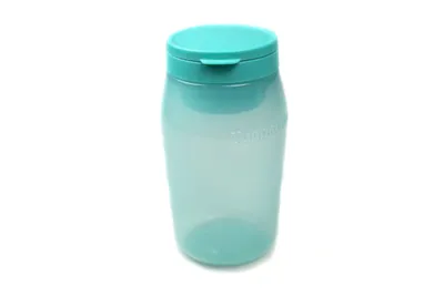 A turquoise Tupperware container is shown against a white background.