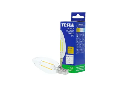 Obrázek produktu pro Tesla - LED žárovka FILAMENT RETRO svíčka E14, 2,5W, 230V, 250lm,25 000h, 2700K teplá bílá, 360st,čirá
