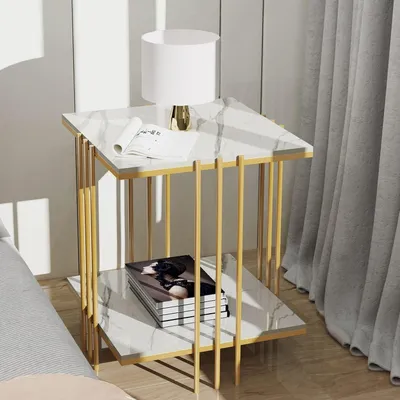 Immagine prodotto di Tavolino da caffè - Tavolino laterale - Comodino - Tavolino di servizio - Tavolino da soggiorno - Piano in marmo bianco - Struttura in metallo dorato