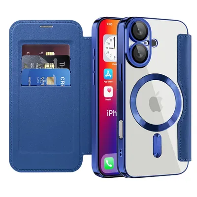 Produktbild von Klapphülle für iPhone 16 Kompatibel mit Magsafe, Klar Überzug Kartenhalter Ledertasche mit Kameraschutz Blau