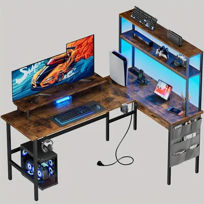 Immagine prodotto di Scrivania angolare ergonomica - Scrivania a forma di L - Scrivania per computer - Scrivania da gaming - Scrivania con illuminazione a LED