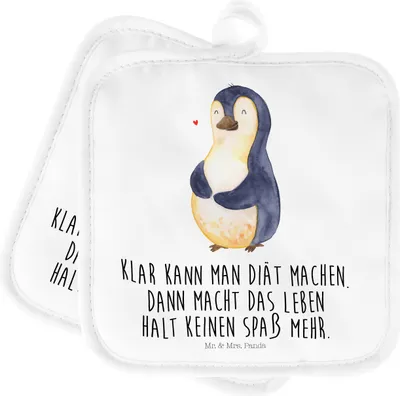 Produktbild von Mr. & Mrs. Panda Topfuntersetzer Pinguin Diät - Weiß - Geschenk, Topflappen, Set, Motivation, Topflappenset, Pinguine, Kochlappen, topfhalter, Bauch
