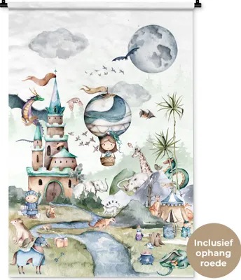 Produktbild von MuchoWow® Wandteppich Wandbehang Kinder - Heißluftballon - Drache - Jungen - Burg - Aquarell 90x135 cm Tapisserie Dekoration Wandtuch - Baumwolle - Wandskulptur