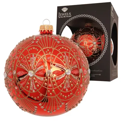 Weihnachtskugel Jugendstil rot-gold, mundgeblasen, 10 cm