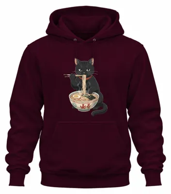 Productafbeelding van Ramen, kat, zwarte poes, noedelsoep, Japan, Y2K, manga, schattig, hoodie, sweater met capuchon, bordeauxrood, maat S