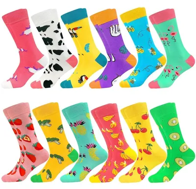 Produktbild von Bunte Baumwollsocken mit lustigem Muster, Crew Socken, L-XL, 12 Paar