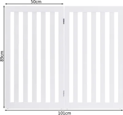 A white wooden pet gate with dimensions indicated.