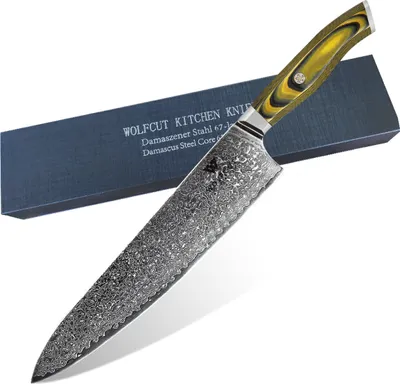 Zdjęcie produktu dla Nóż szefa kuchni damasceński z żółtą rączką, ostrze 25 cm, 67-warstwowa stal damasceńska z pudełkiem prezentowym firmy WOLFCUT