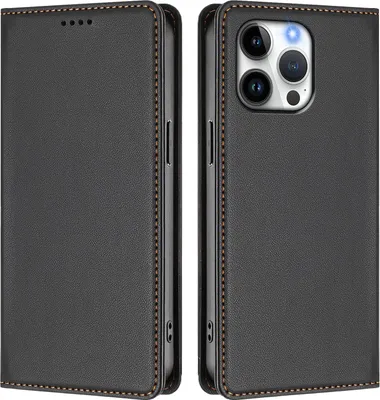 Image de Etui en cuir pour iPhone 16 Pro Max, étui magnétique en cuirPolyuréthaneavec support Noir
