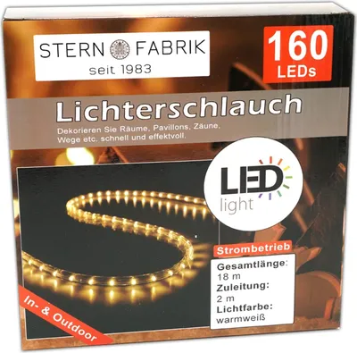 Immagine prodotto di Guarnizione luminosa con 160 LED, luce bianco caldo, lunghezza 19 metri. Catena luminosa per interni ed esterni. Tubo luminoso