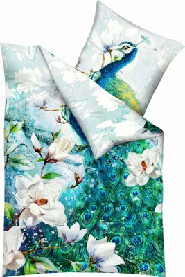 Produktbild von Kaeppel Mako Satin Digitaldruck Bettwäsche 2 tlg. 135x200cm Pfau Blau Grün