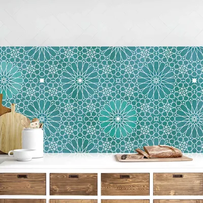 Produktbild von Küchenrückwand Muster selbstklebend - 0.65 mm Wandpaneel wasserfest Geometrisch türkis Orientalisch Spritzschutz fugenlos