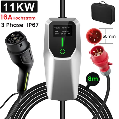 Produktbild von Typ 2 3-Phasig Mobile Wallbox EV Ladegerät 11kW 8m E-Auto Ladekabel 5-poligen 6-16A CEE Stecker LCD-Bildschirm PHEV 380V