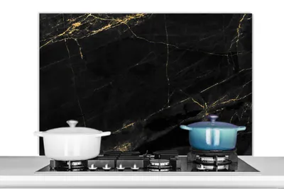 Produktbild von KitchenYeah®  Spritzschutz Küche - Küchenrückwand - Wandschutz für Herd und Spüle - Marmoroptik - Luxus - Schwarz - Gold 100x65 - Alu-Dibond (Alternative zum Spritzschutz aus Glas) - Hitzebeständig -