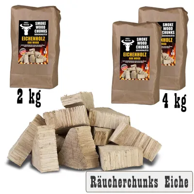 Produktbild von Räucherklötze Smoker Grill Chunks für BBQ Eiche Räuchern 2-4 kg XXXL Räucherofen Wood Grillen Smoken Zubehör Smoke Raeuchern Feuerschale Chips Grillmaster, Menge:2 kg (5.50€/kg)