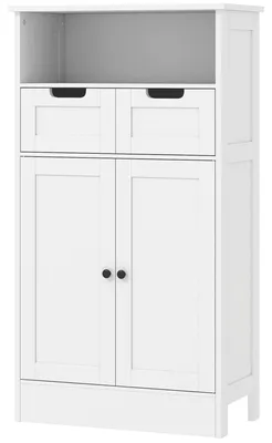 Image de Armoire de salle de bain – Meuble de rangement sur pied – Avec deux tiroirs et une porte – Blanc – Modèle compact