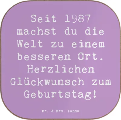 Produktbild von Mr. & Mrs. Panda Untersetzer für Gläser Spruch 1987 Geburtstag - Lavendeltraum - Geschenk, gläseruntersetzer, Getränkeuntersetzer, Tischuntersetzer, Happy Birthday, Alter