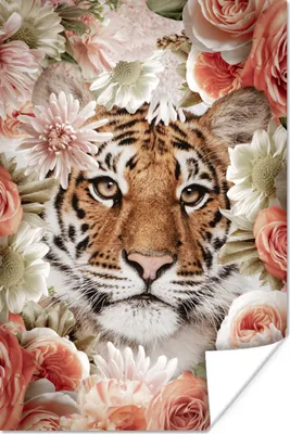 Produktbild von MuchoWow® Poster Tiger - Blumen - Porträt 120x180 cm - Kunstposter