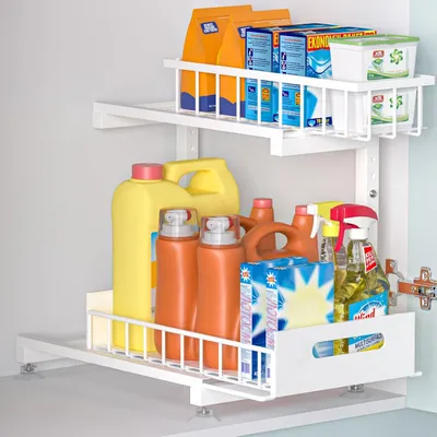 Productafbeelding van Onderkastorganizer met 2-laags metalen uitschuifladen, in hoogte verstelbaar, met stevige schuifladen voor badkamer- en keukenkasten, roestbestendig, 1 stuk