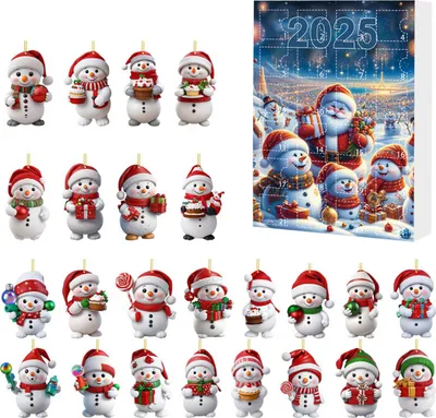 A collage of Christmas-themed snowman ornaments and an advent calendar.