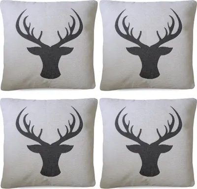 Produktbild von 4er Set Kissenhüllen 45x45 cm beige mit Hirsch grau als Weihnachtsdeko