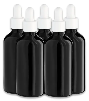 Produktbild von 5x Schwarze Glasflasche 100 ml mit weißer Pipette – Tropfflasche