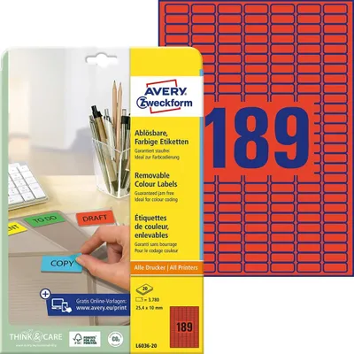 Produktbild von Avery Zweckform L6036-20 Farbige Etiketten, ablösbar, A4, 25,4 x 10 mm, 20 Bogen/3.780 Etiketten, rot