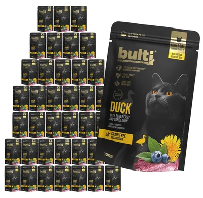 Produktbild von BULTI | Katzenfutter Ente, Heidelbeere, Löwenzahn - Nassfutter Set 80x100g Beutel - Katzenfutter Entenfleisch fur Katze