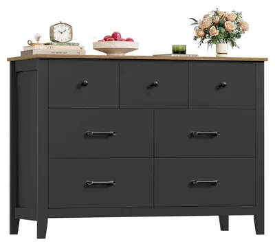 Immagine prodotto di Comò a 7 cassetti - Mobile contenitore / Credenza - Piano in legno da 106 cm - Per camera da letto, soggiorno, ingresso, ufficio - Stile moderno e minimalista - Nero